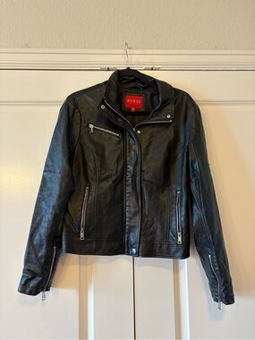 GUESS Black Faux Leather Moto Jacket with Zip Details